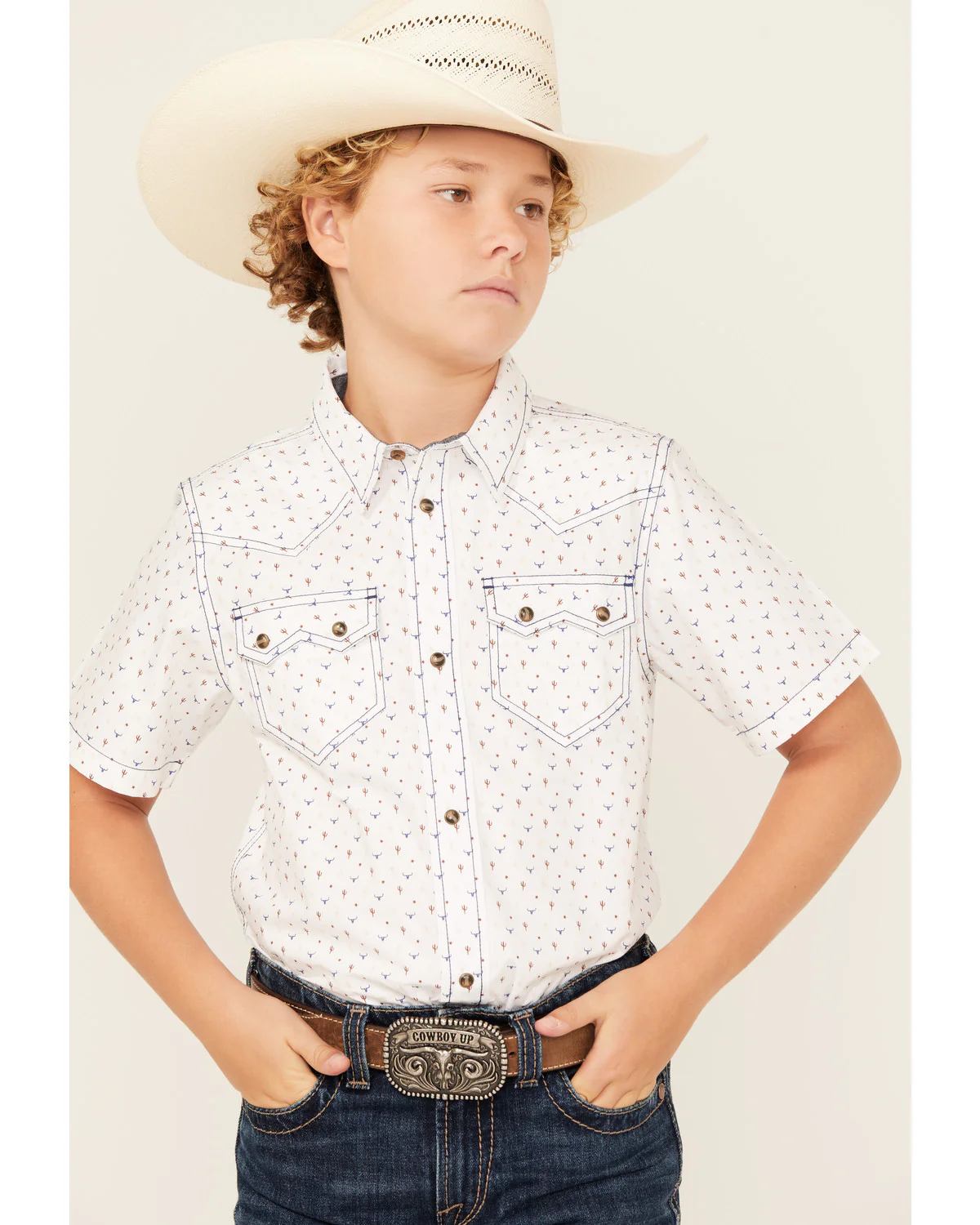 Cody James Boys' Bull Cactus Print Short Sleeve Snap Western Shirt