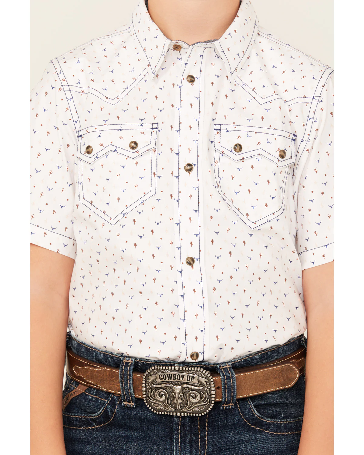 Cody James Boys' Bull Cactus Print Short Sleeve Snap Western Shirt - Image 3