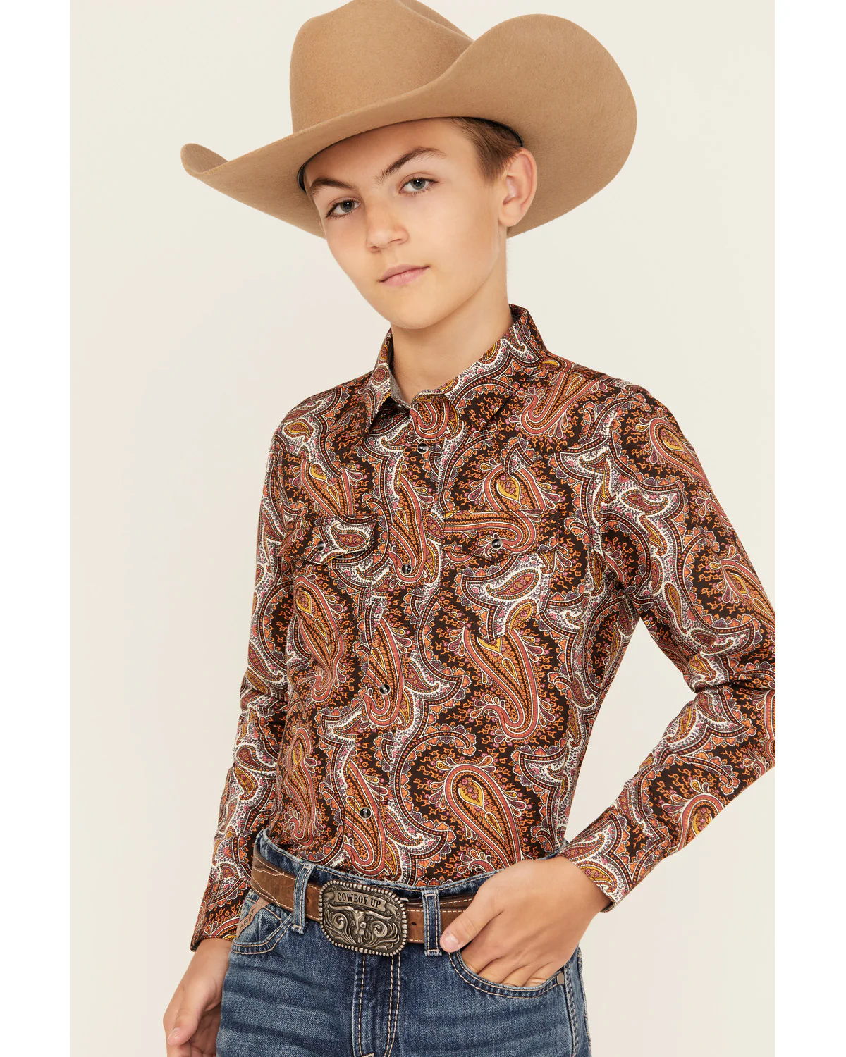 Cody James Boys' Dennis Paisley Print Long Sleeve Snap Western Shirt
