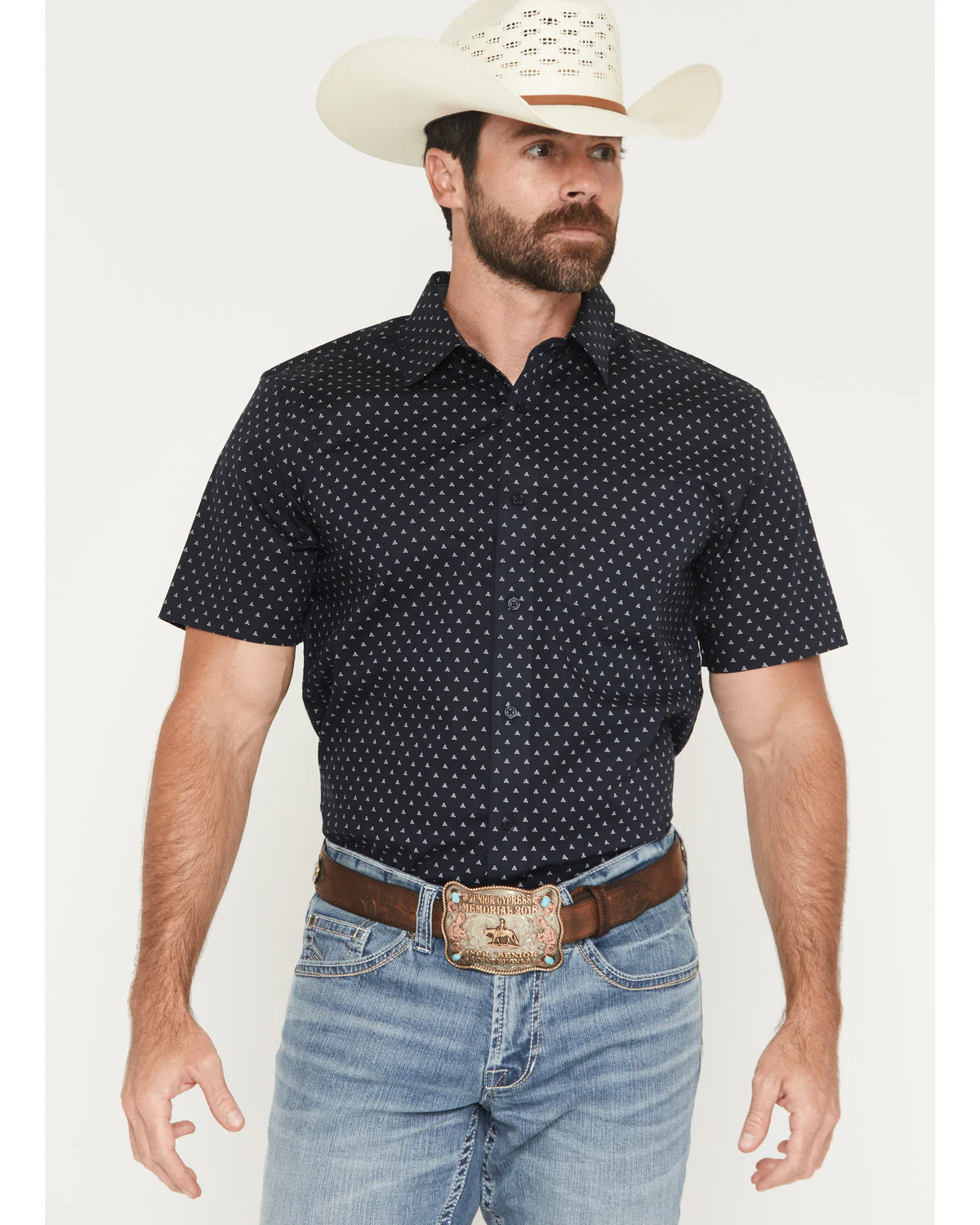Cody James Men's Barrel Rider Geo Print Short Sleeve Button-Down Stretch Western Shirt