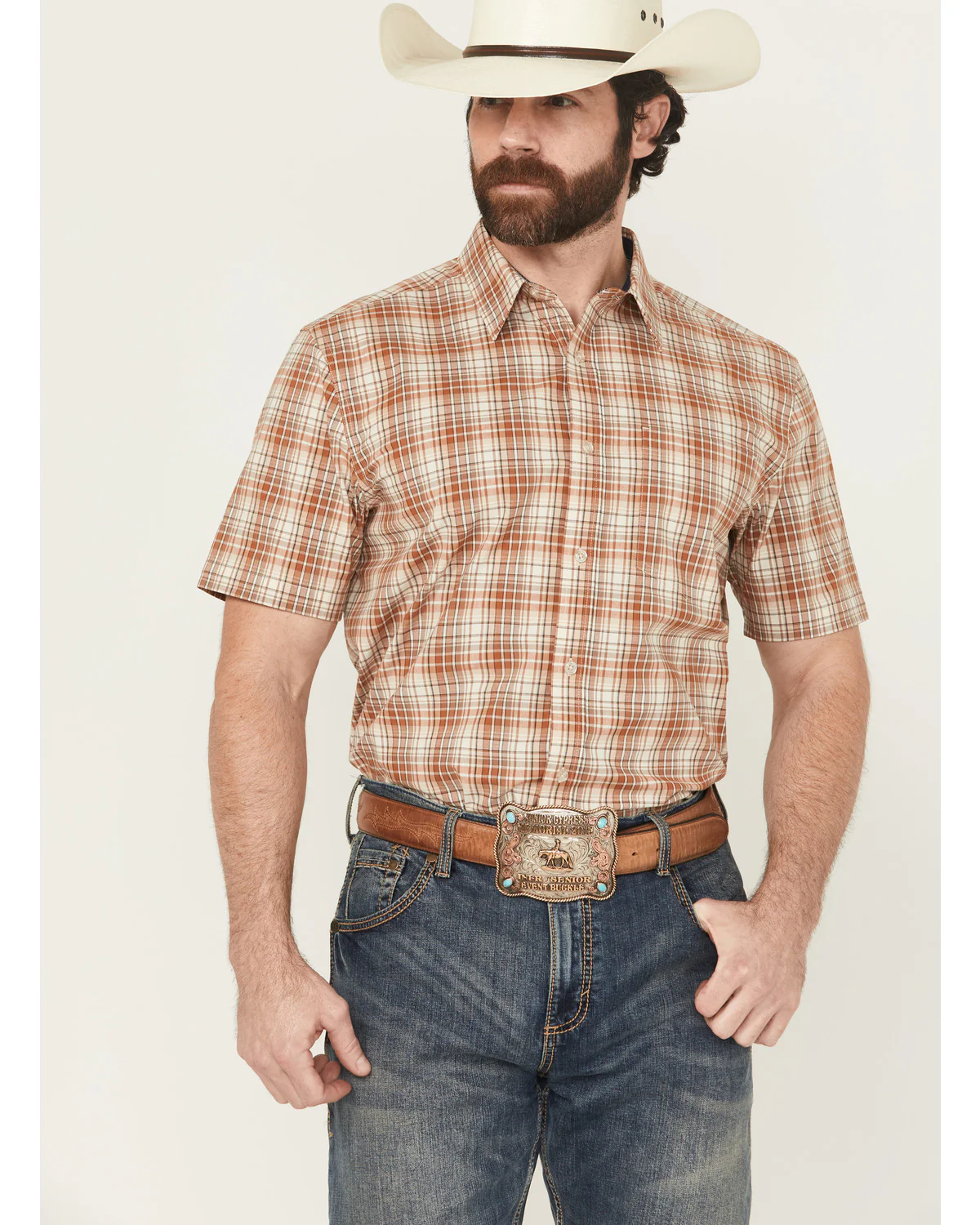 Cody James Men's Cowboy Chic Plaid Print Short Sleeve Button-Down Stretch Western Shirt