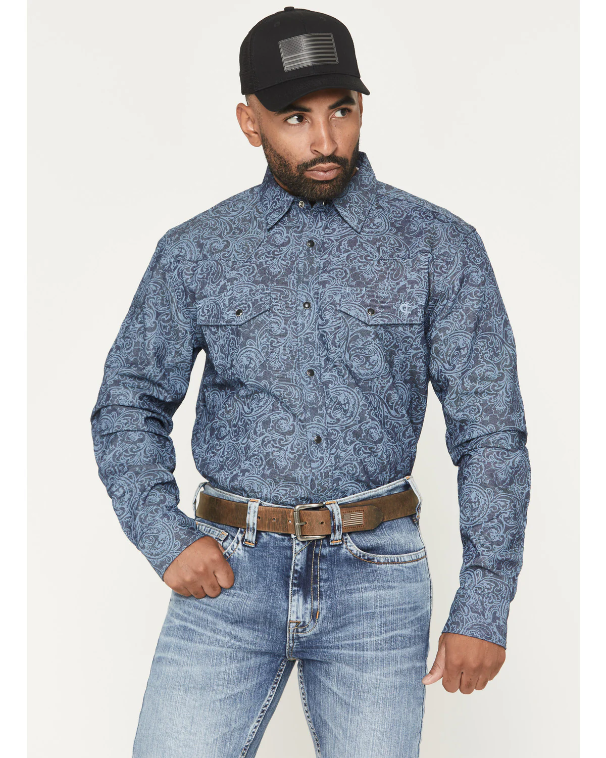 Cody James Men's FR Denim Paisley Long Sleeve Snap Shirt