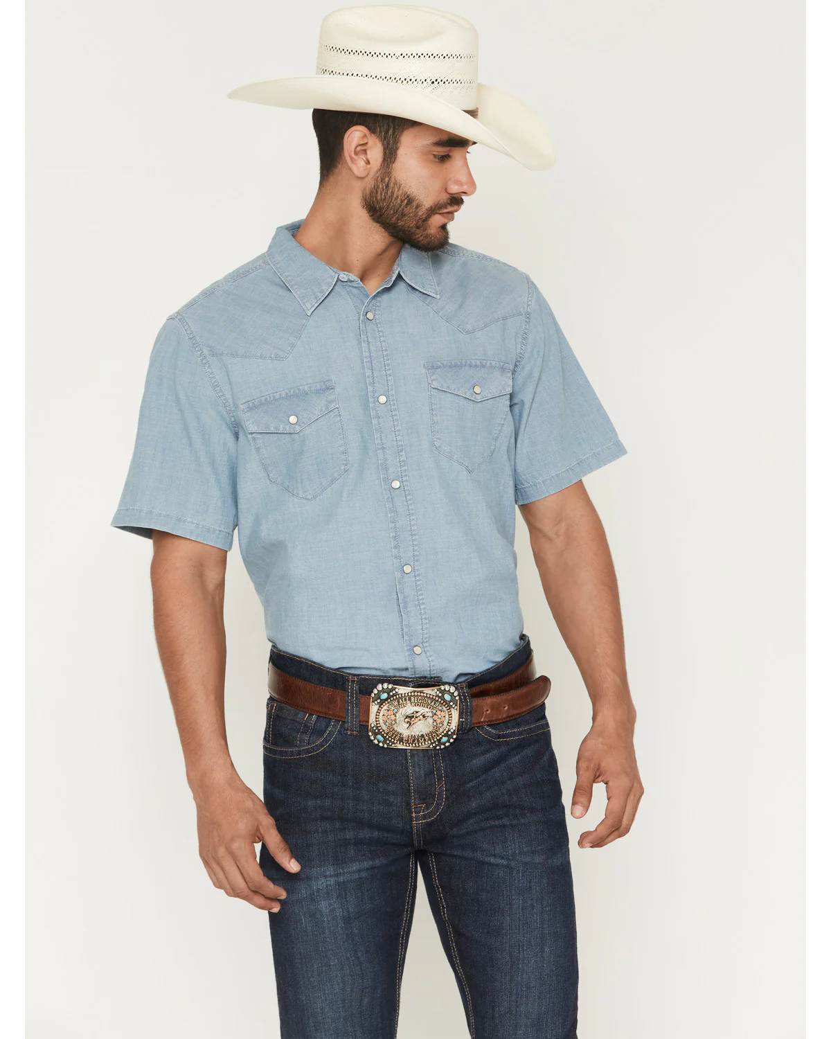 Cody James Men's Horizon Chambray Light Wash Short Sleeve Snap Western Shirt