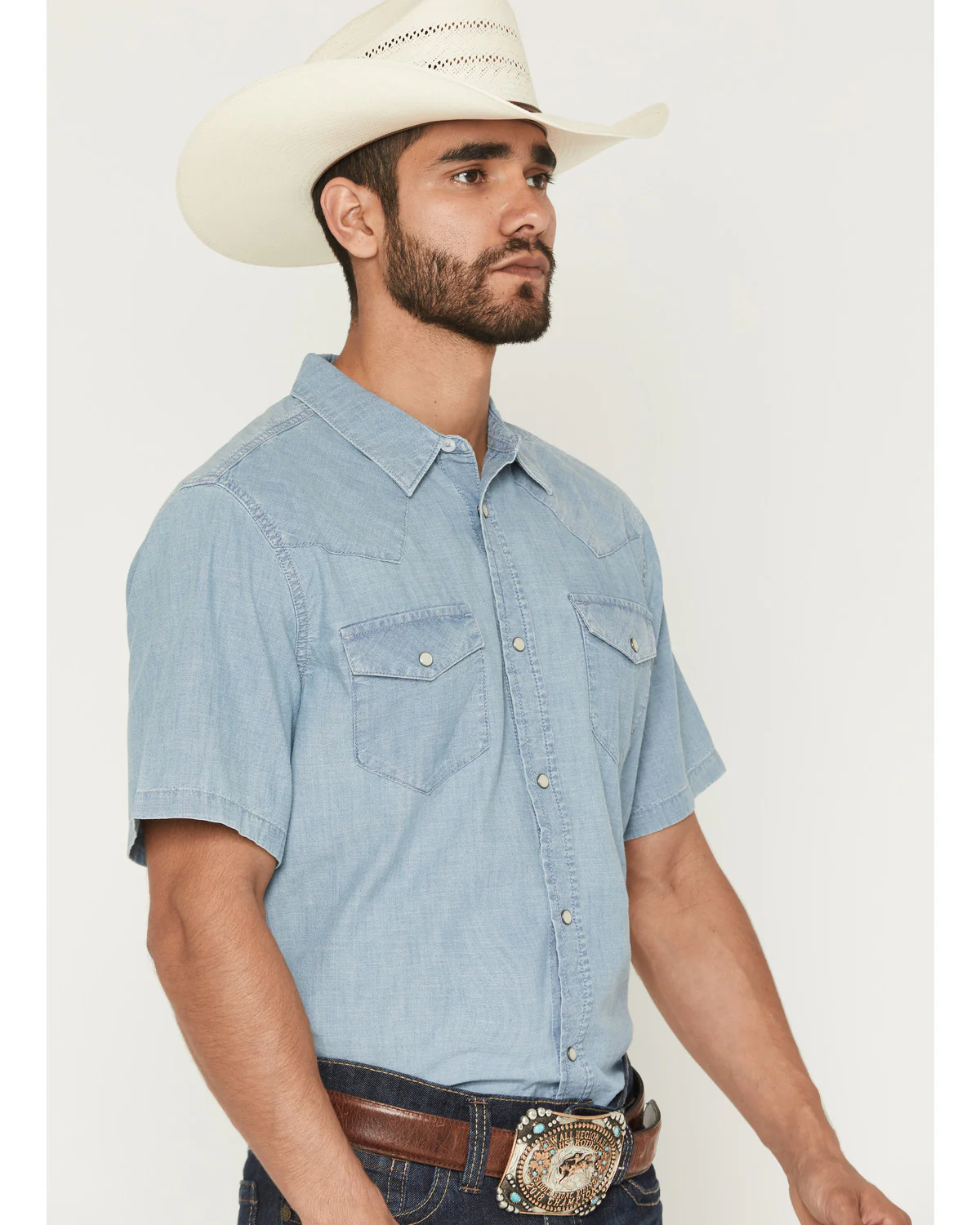 Cody James Men's Horizon Chambray Light Wash Short Sleeve Snap Western Shirt - Image 2