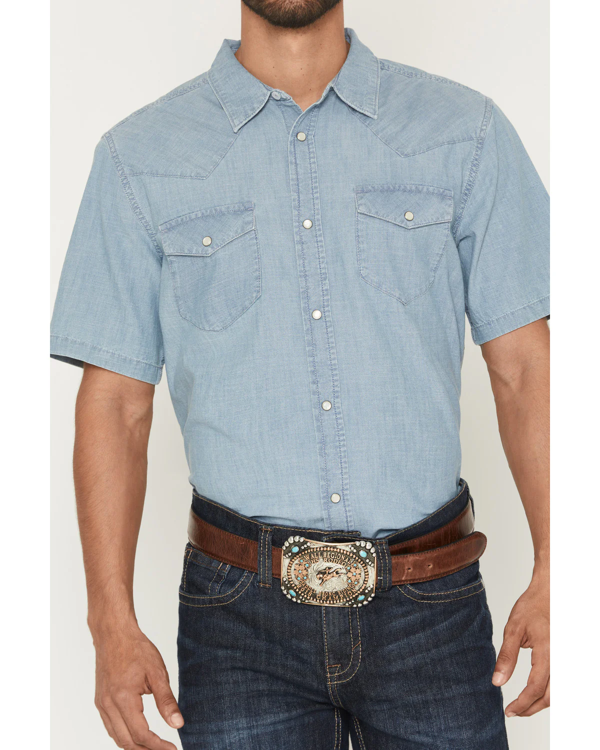 Cody James Men's Horizon Chambray Light Wash Short Sleeve Snap Western Shirt - Image 3
