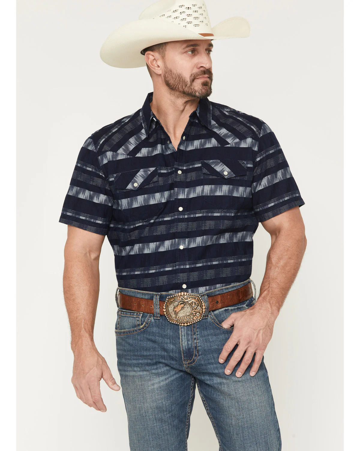 Cody James Men's Ikat Striped Short Sleeve Pearl Snap Western Shirt