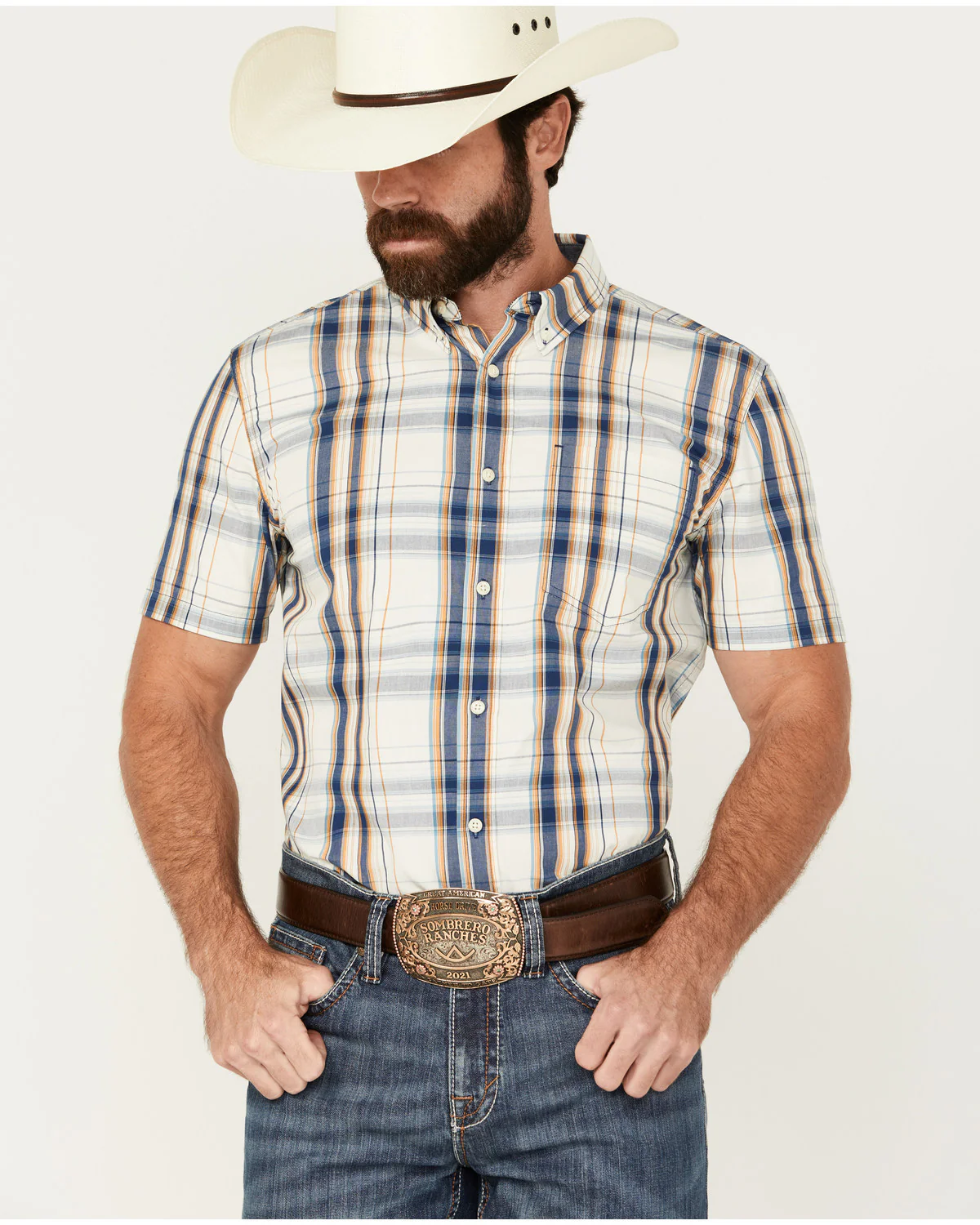 Cody James Men's Plaid Print Short Sleeve Button-Down Stretch Western Shirt