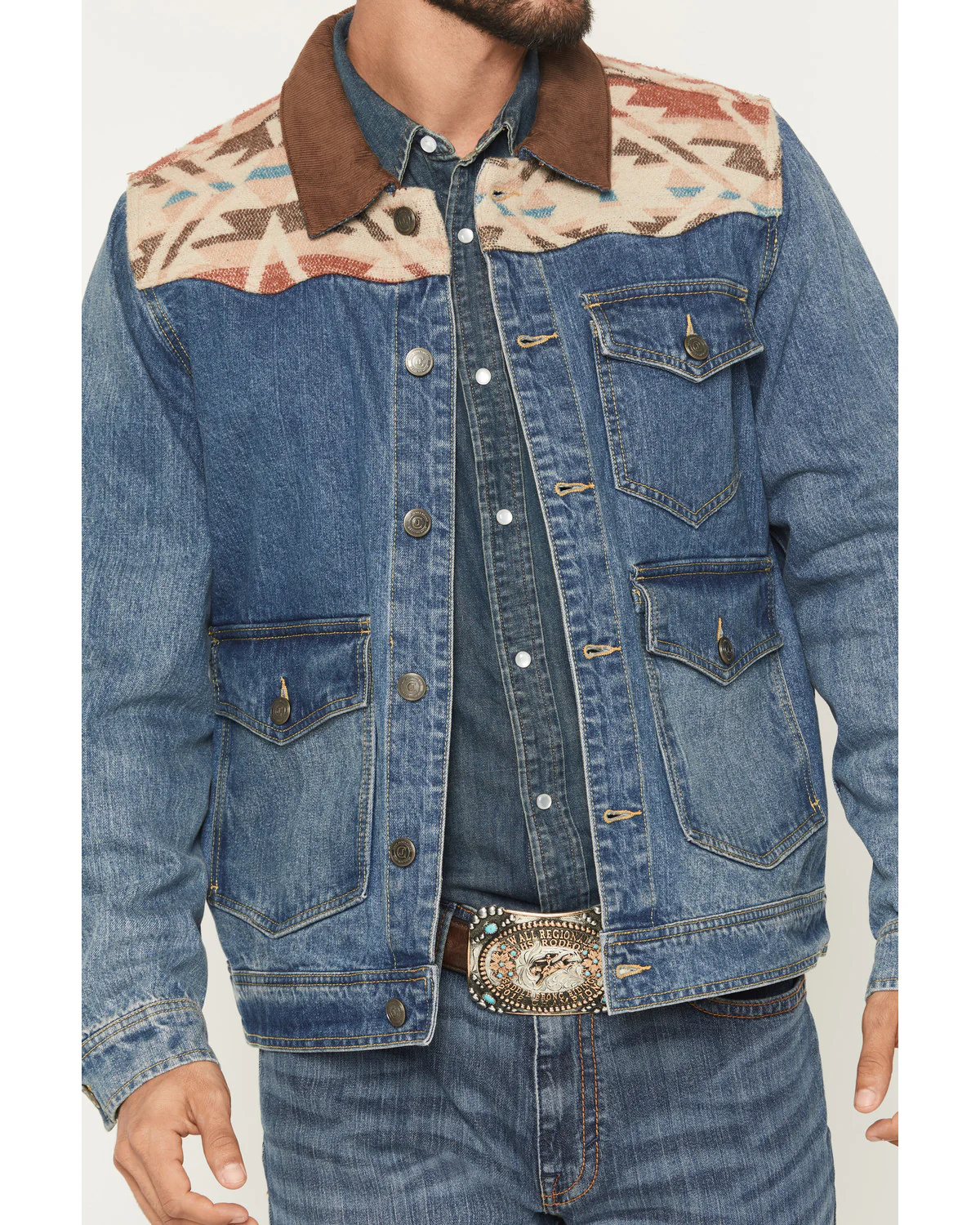 Cody James Men's Southwestern Blanket Yoke Unlined Denim Jacket - Image 3